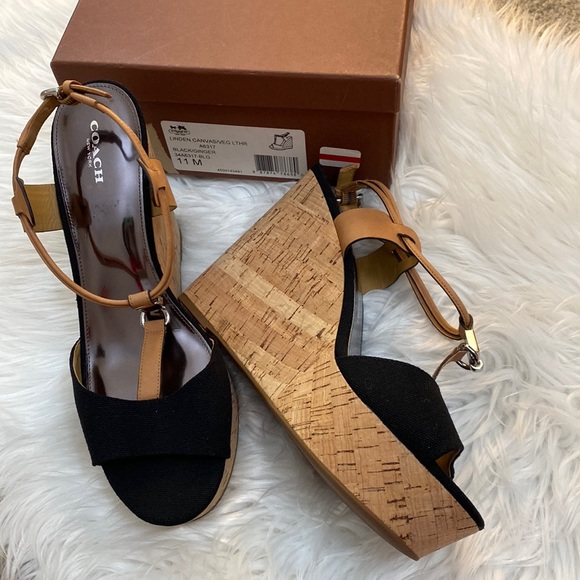 Coach Linden Canvas Vegan Leather cork wedges - Picture 1 of 8
